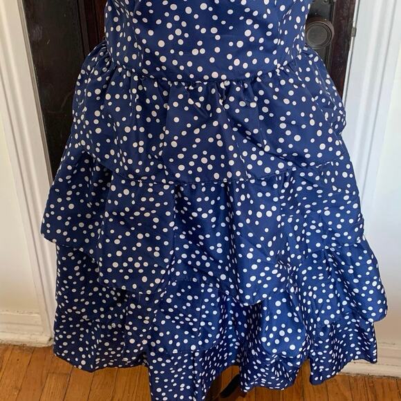 Vintage 80s Diamonds Run Blue Polkadot Tiered Cupcake Dress Strapless Sweetheart - Picture 3 of 5